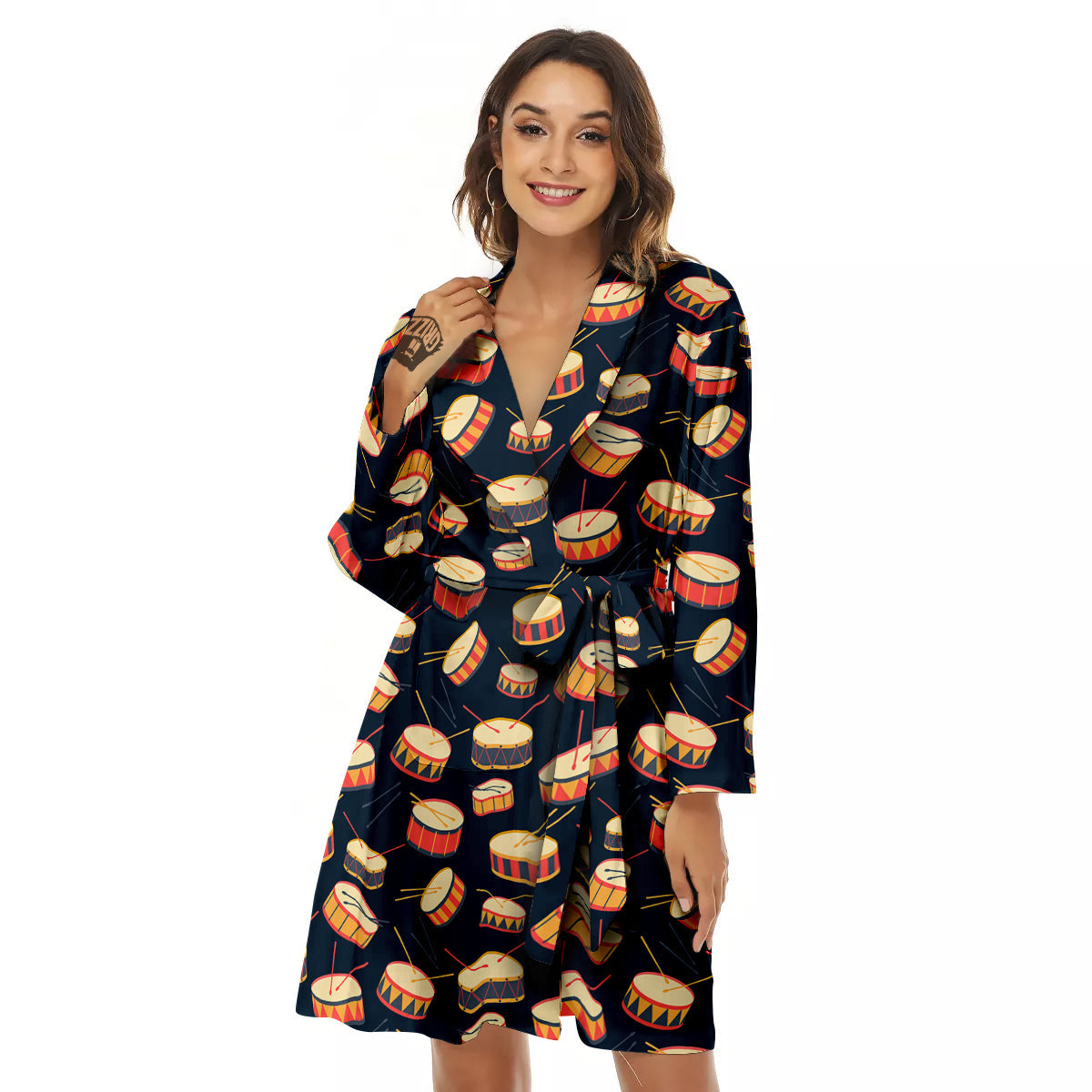Black And Beige Drum Print Pattern Women's Robe-grizzshop