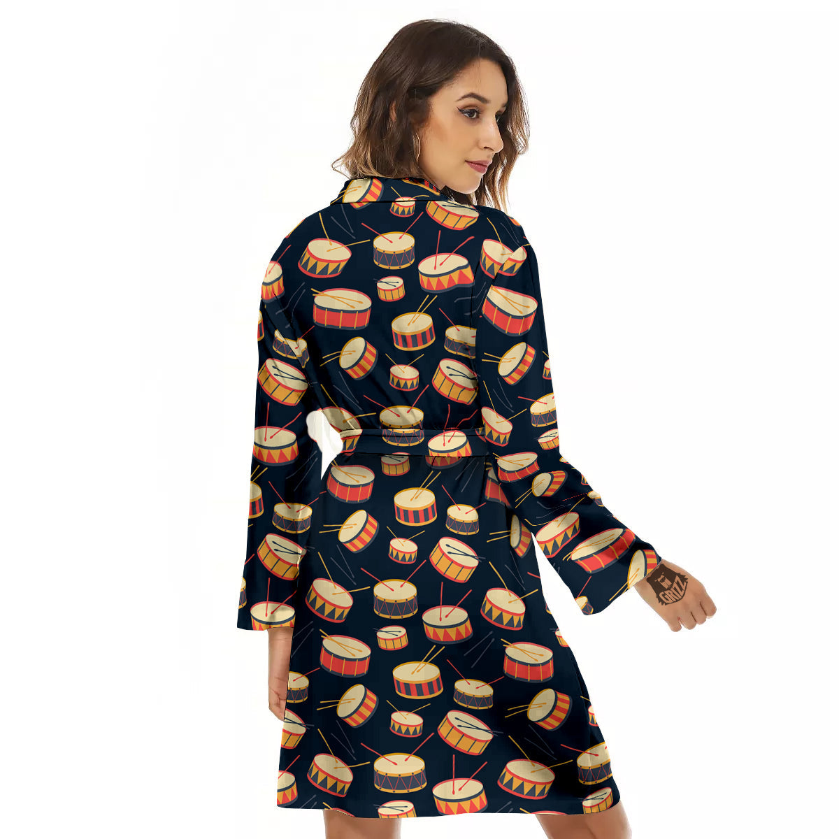 Black And Beige Drum Print Pattern Women's Robe-grizzshop