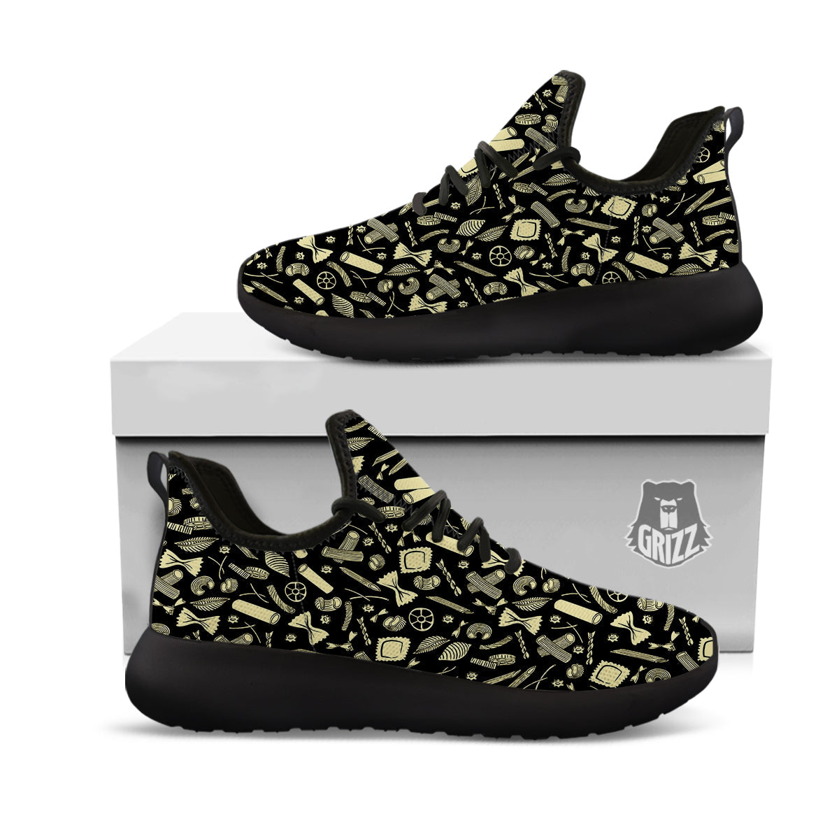 Black And Beige Macaroni Print Pattern Black Athletic Shoes-grizzshop