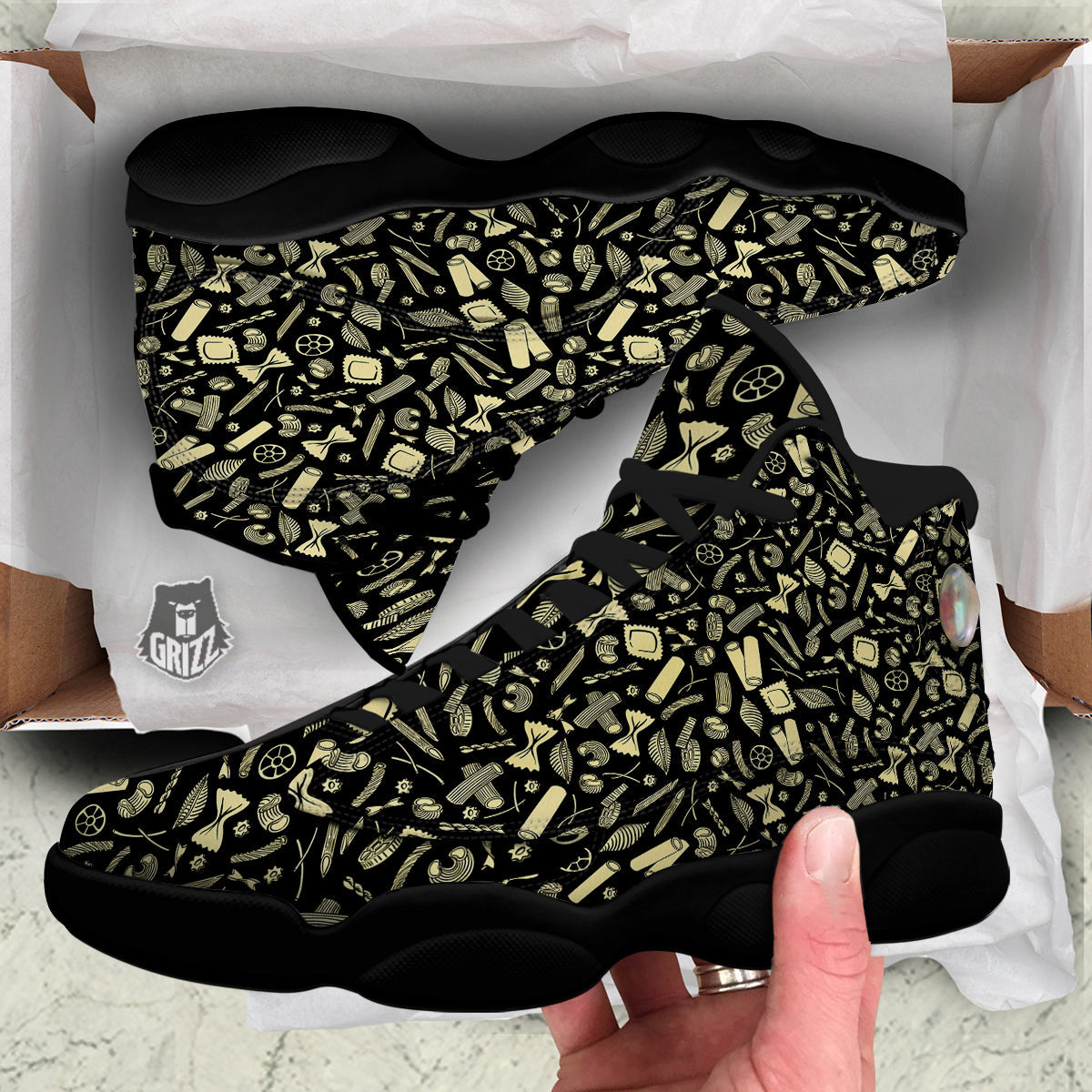 Black And Beige Macaroni Print Pattern Black Basketball Shoes-grizzshop