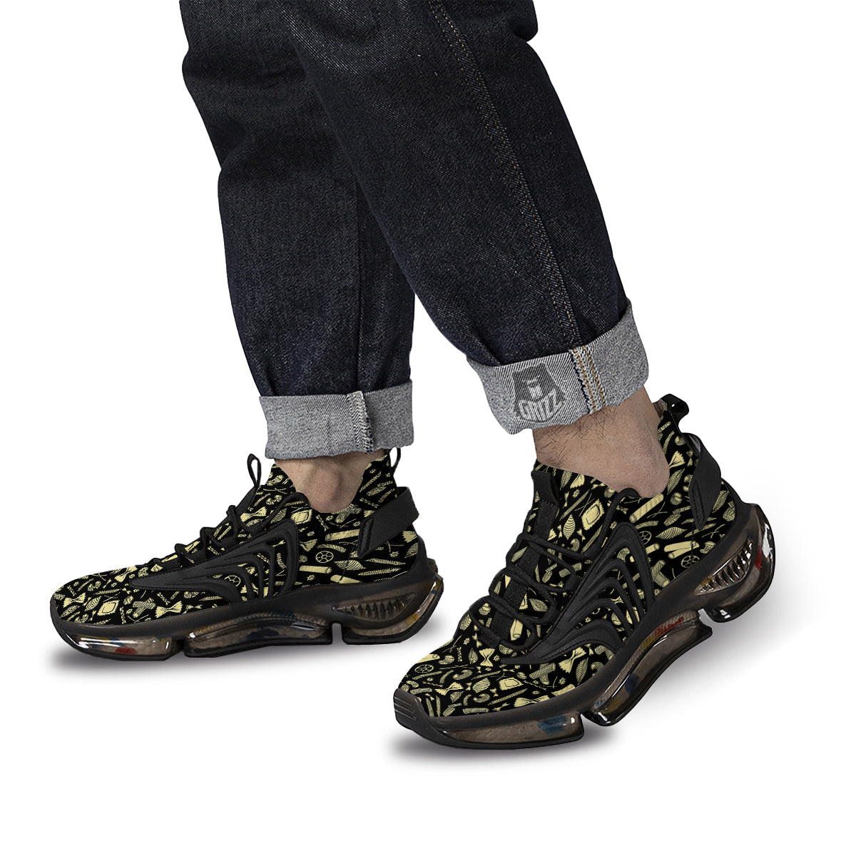 Black And Beige Macaroni Print Pattern Black Gym Shoes-grizzshop