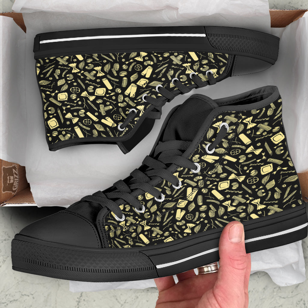 Black And Beige Macaroni Print Pattern Black High Top Shoes-grizzshop
