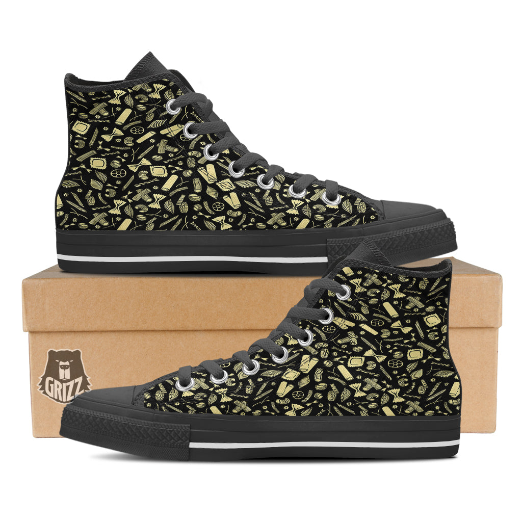Black And Beige Macaroni Print Pattern Black High Top Shoes-grizzshop