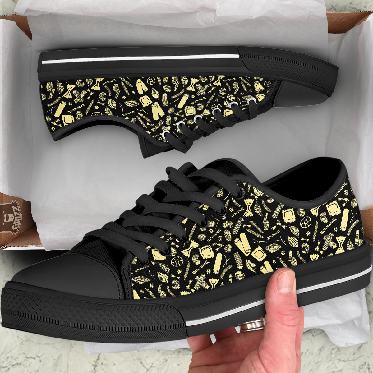 Black And Beige Macaroni Print Pattern Black Low Top Shoes-grizzshop