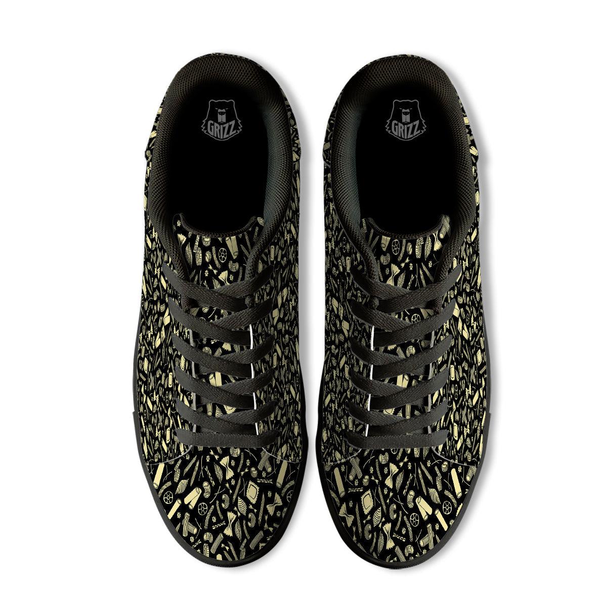 Black And Beige Macaroni Print Pattern Black Low Top Sneakers-grizzshop