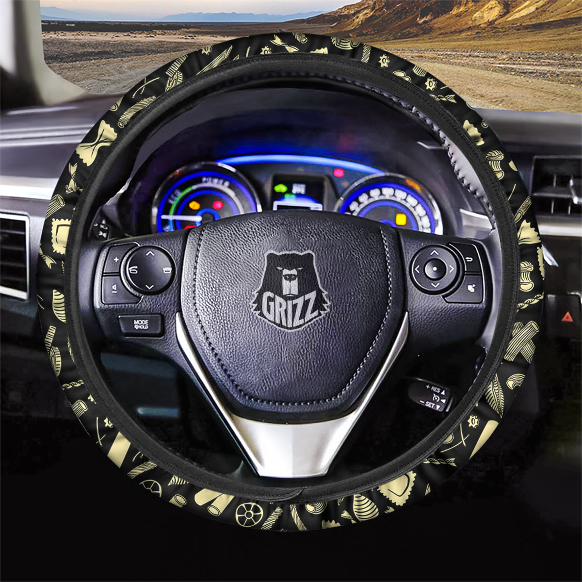 Black And Beige Macaroni Print Pattern Car Steering Wheel Cover-grizzshop