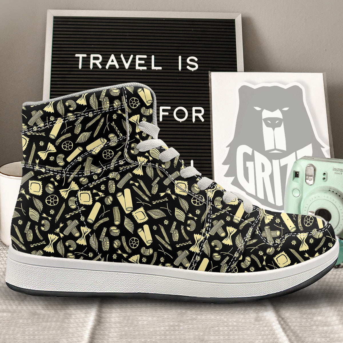 Black And Beige Macaroni Print Pattern High Top Sneakers-grizzshop