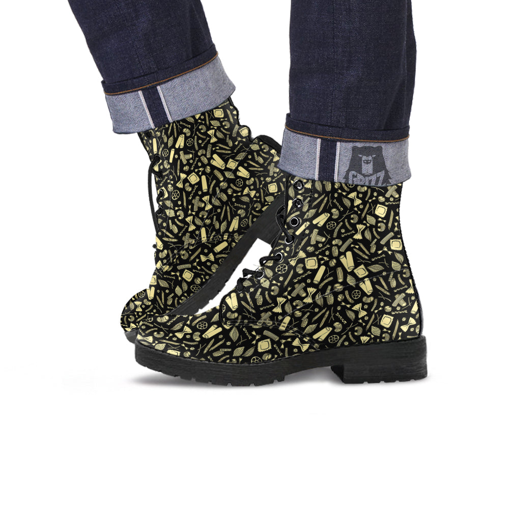 Black And Beige Macaroni Print Pattern Leather Boots-grizzshop