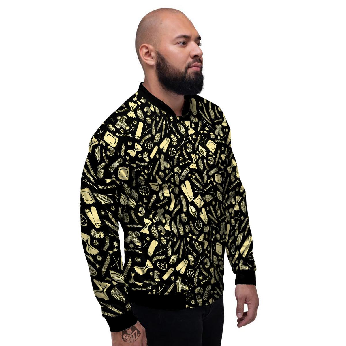 Black And Beige Macaroni Print Pattern Men's Bomber Jacket-grizzshop