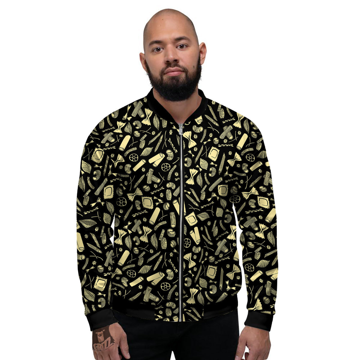 Black And Beige Macaroni Print Pattern Men's Bomber Jacket-grizzshop