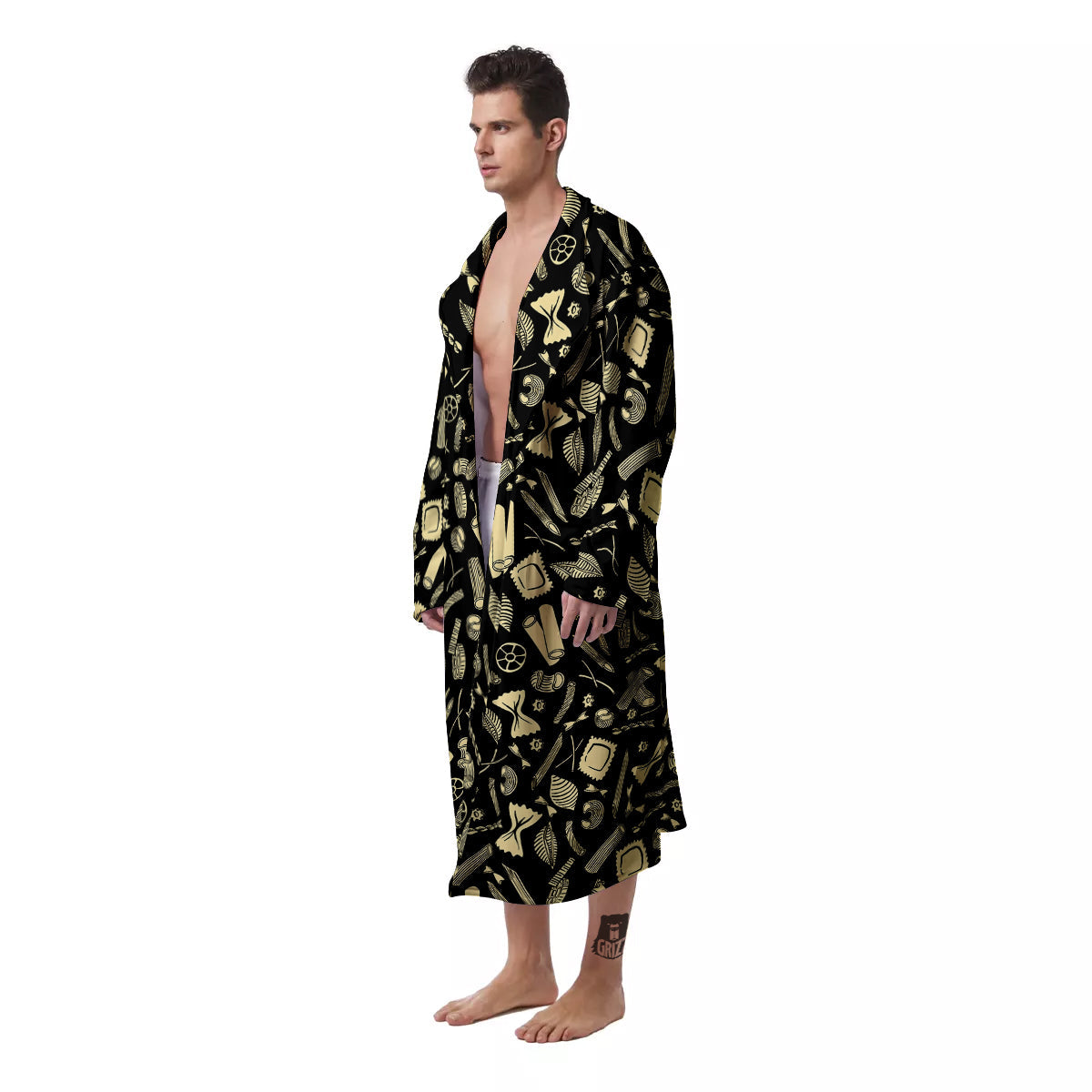 Black And Beige Macaroni Print Pattern Men's Robe-grizzshop
