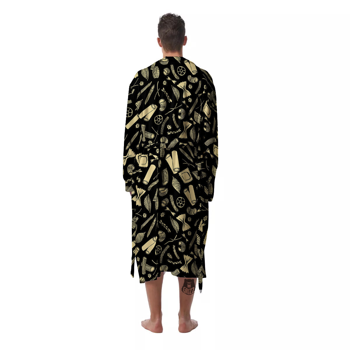 Black And Beige Macaroni Print Pattern Men's Robe-grizzshop