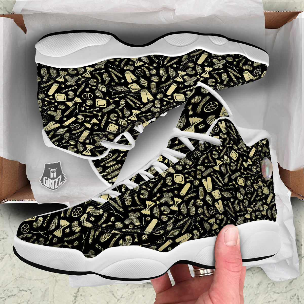 Black And Beige Macaroni Print Pattern White Basketball Shoes-grizzshop
