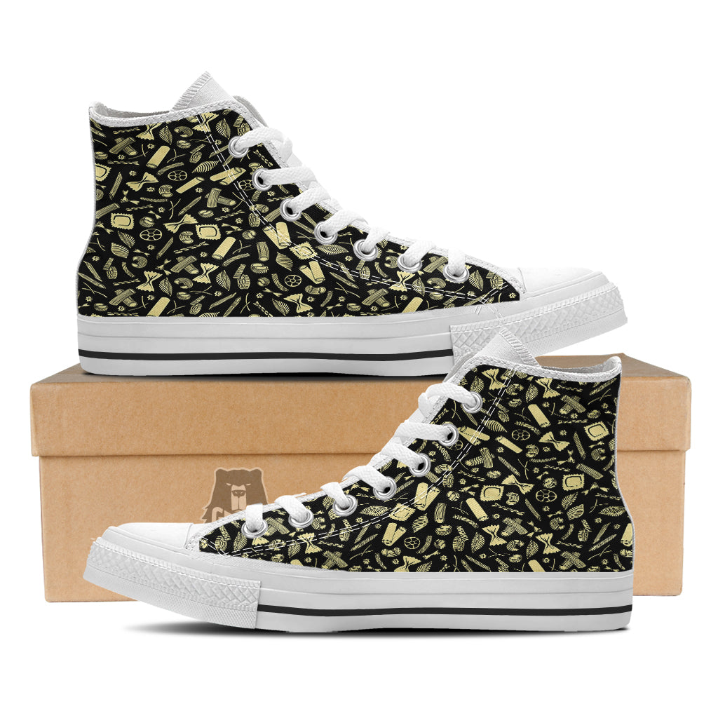 Black And Beige Macaroni Print Pattern White High Top Shoes-grizzshop