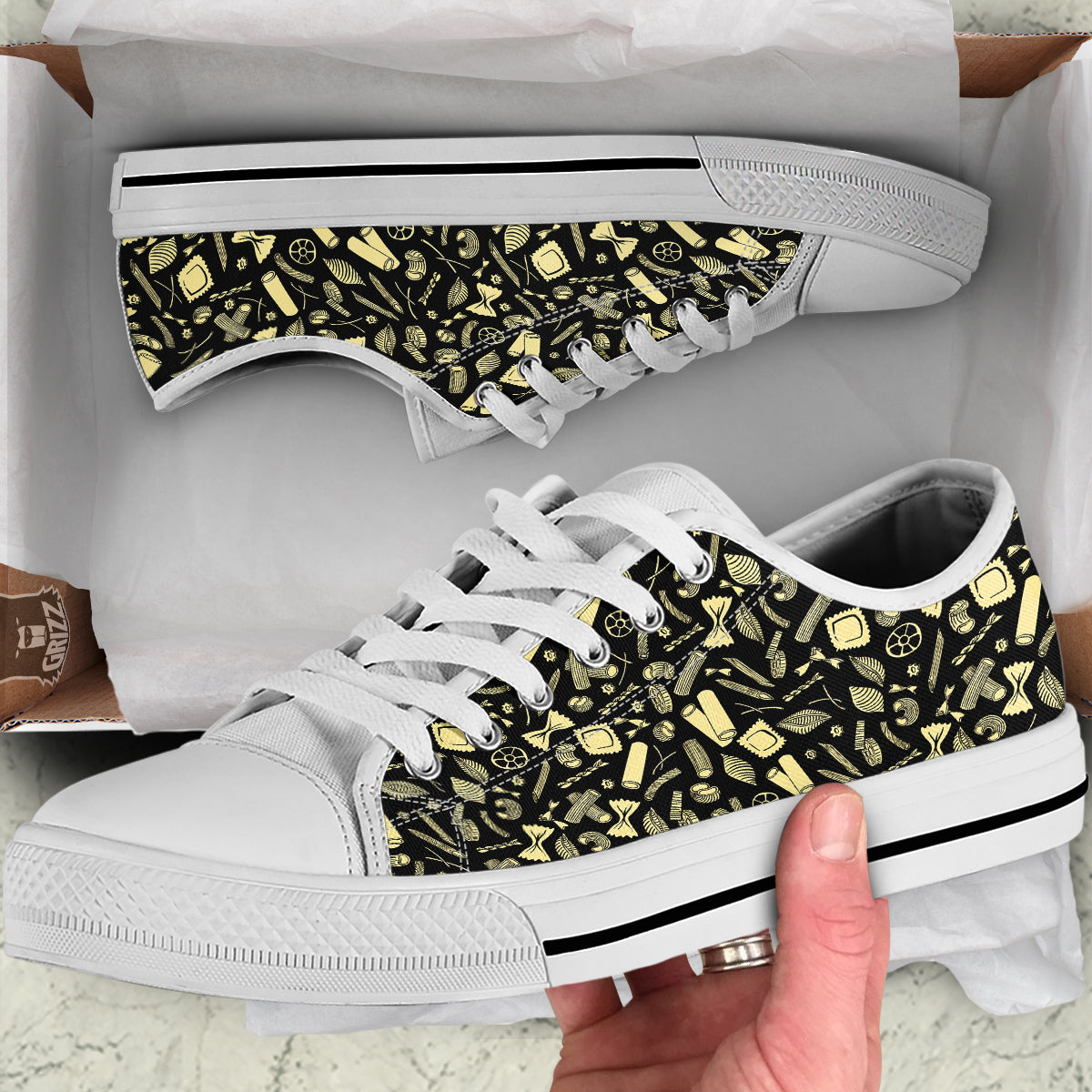 Black And Beige Macaroni Print Pattern White Low Top Shoes-grizzshop