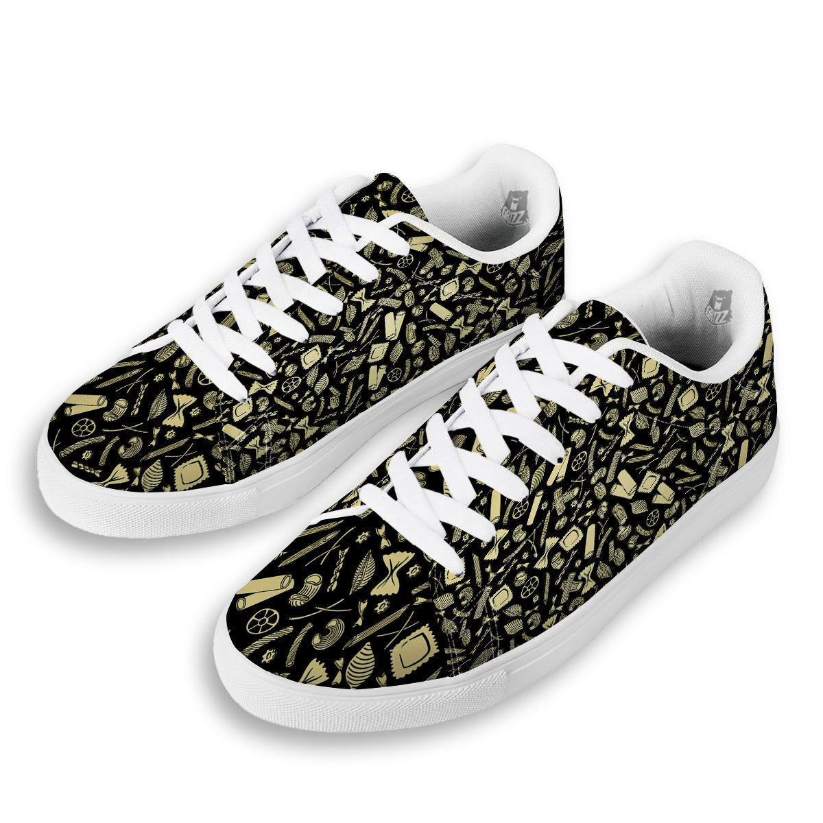 Black And Beige Macaroni Print Pattern White Low Top Sneakers-grizzshop