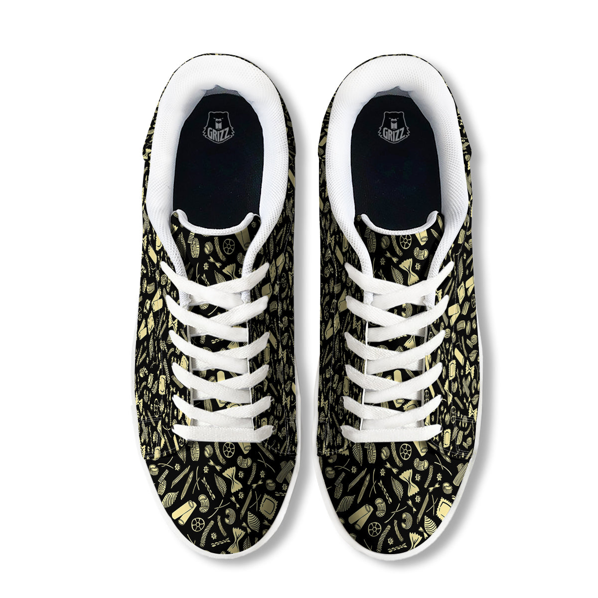 Black And Beige Macaroni Print Pattern White Low Top Sneakers-grizzshop