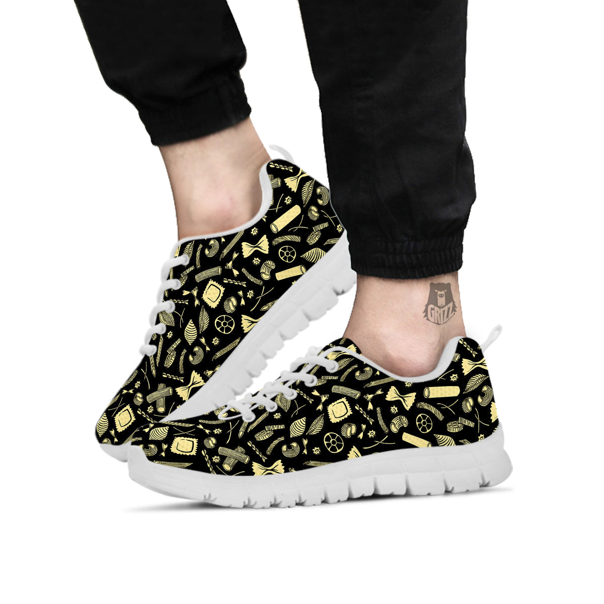 Black And Beige Macaroni Print Pattern White Sneaker-grizzshop