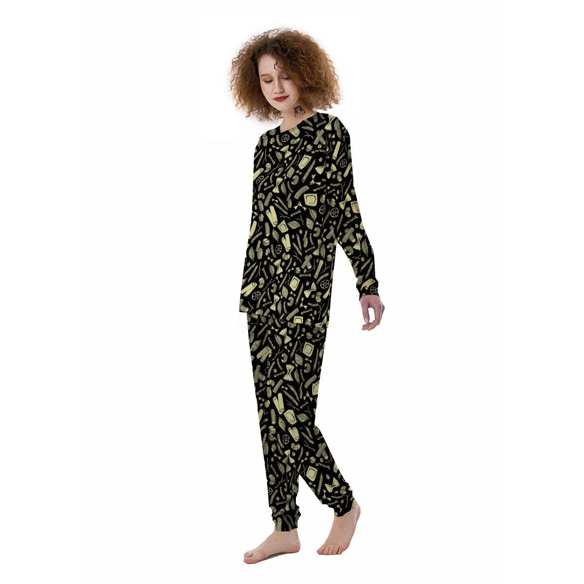 Black And Beige Macaroni Print Pattern Women's Pajamas-grizzshop