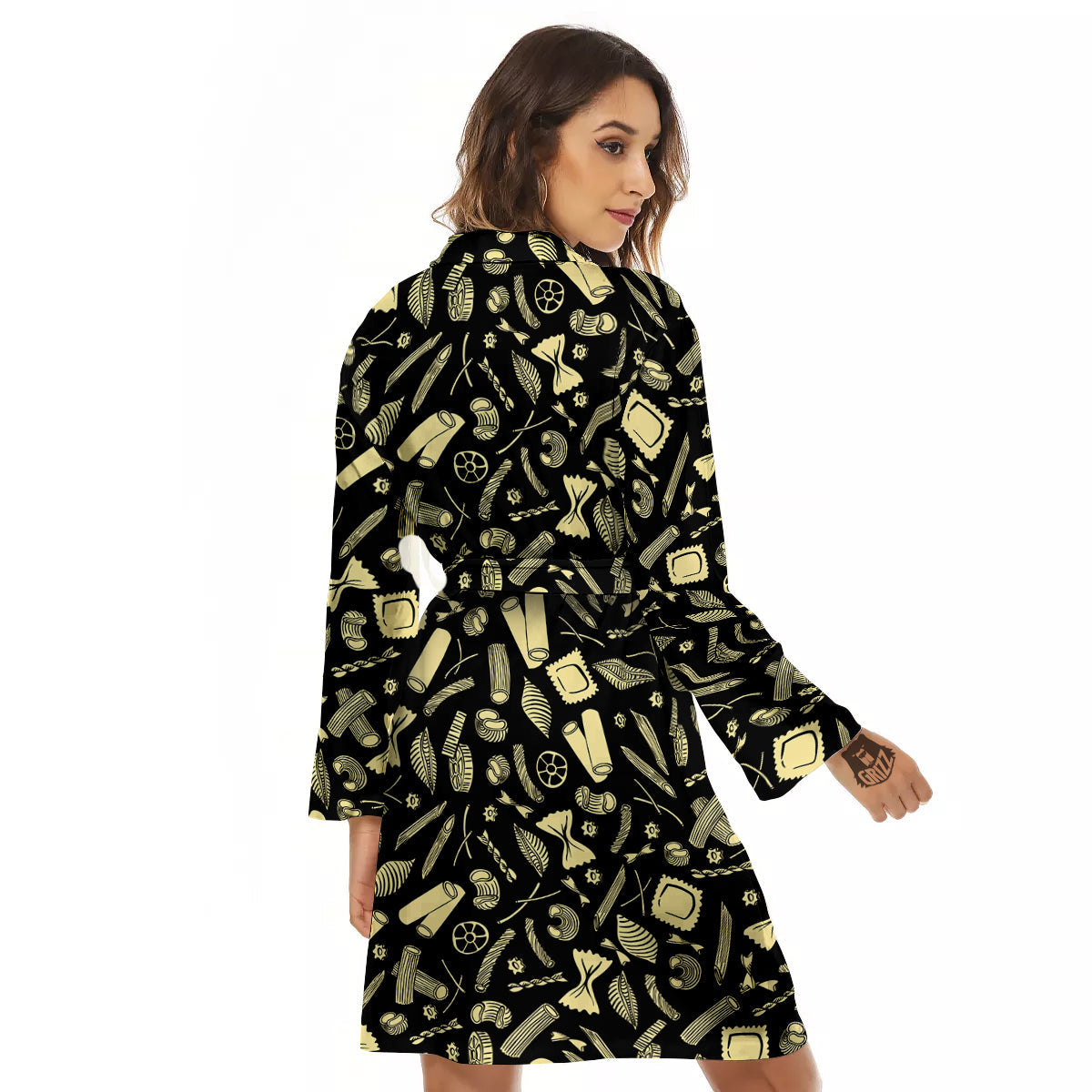Black And Beige Macaroni Print Pattern Women's Robe-grizzshop