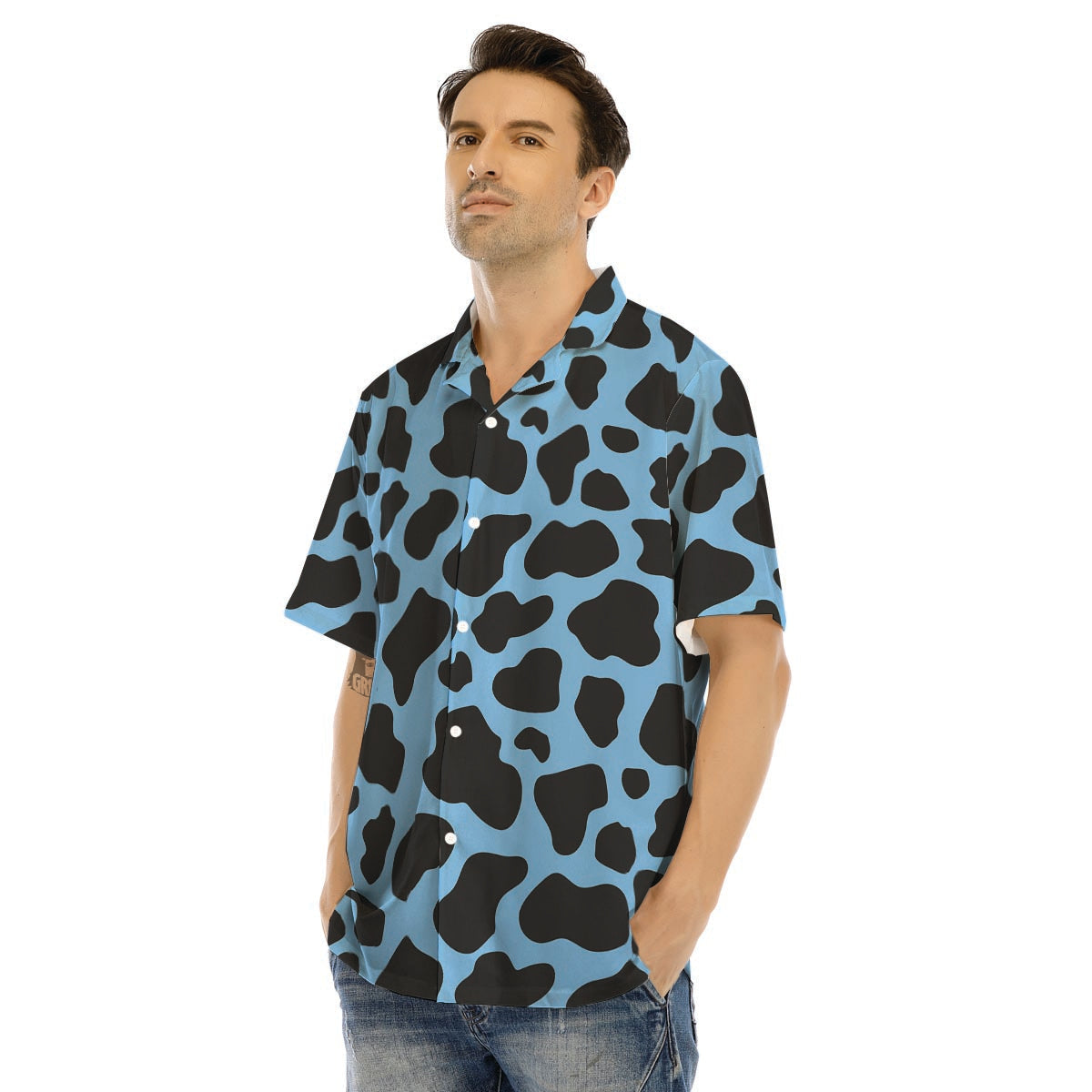 Black And Blue Cow Print Men’s Hawaiian Shirt-grizzshop