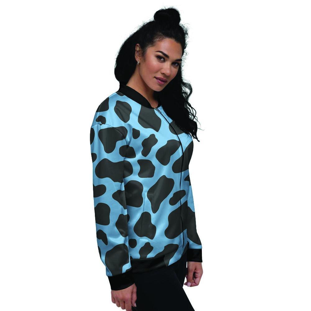 Black And Blue Cow Print Women's Bomber Jacket-grizzshop