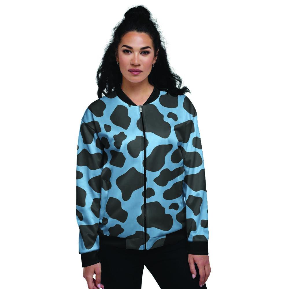 Black And Blue Cow Print Women's Bomber Jacket-grizzshop