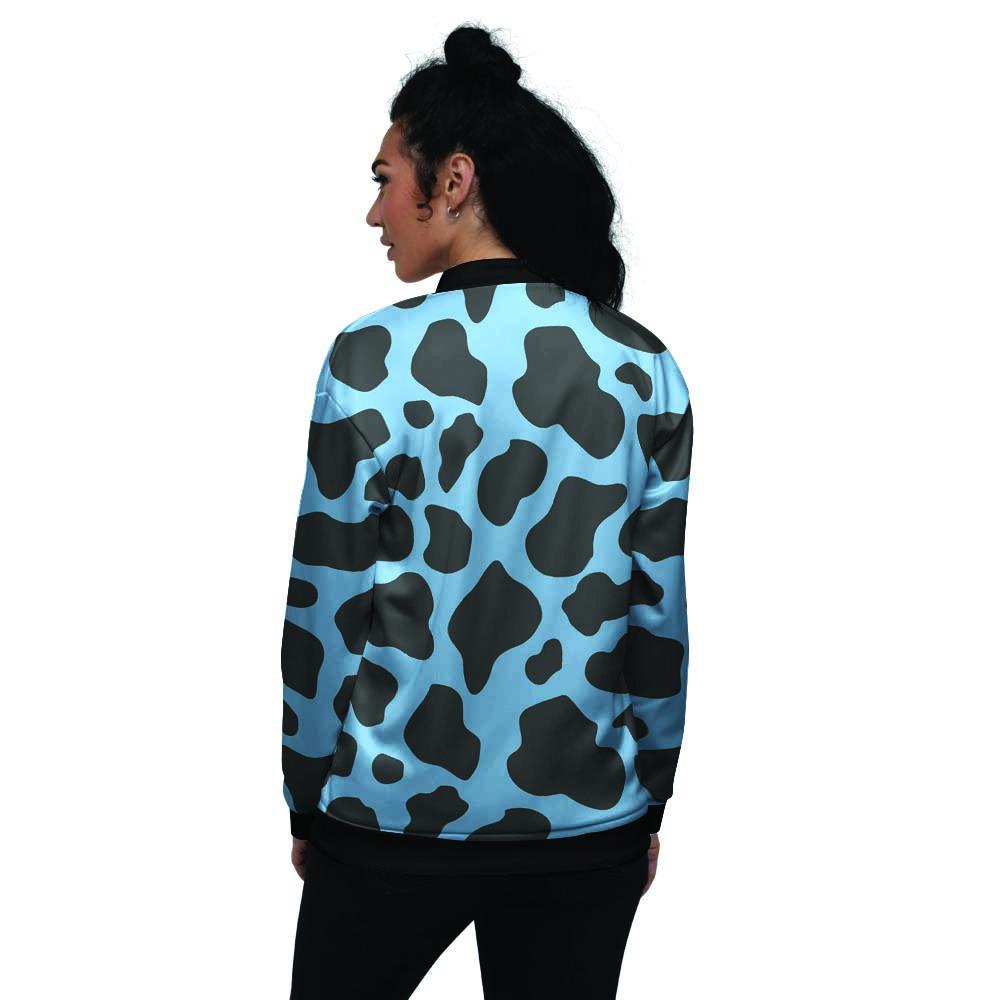 Black And Blue Cow Print Women's Bomber Jacket-grizzshop