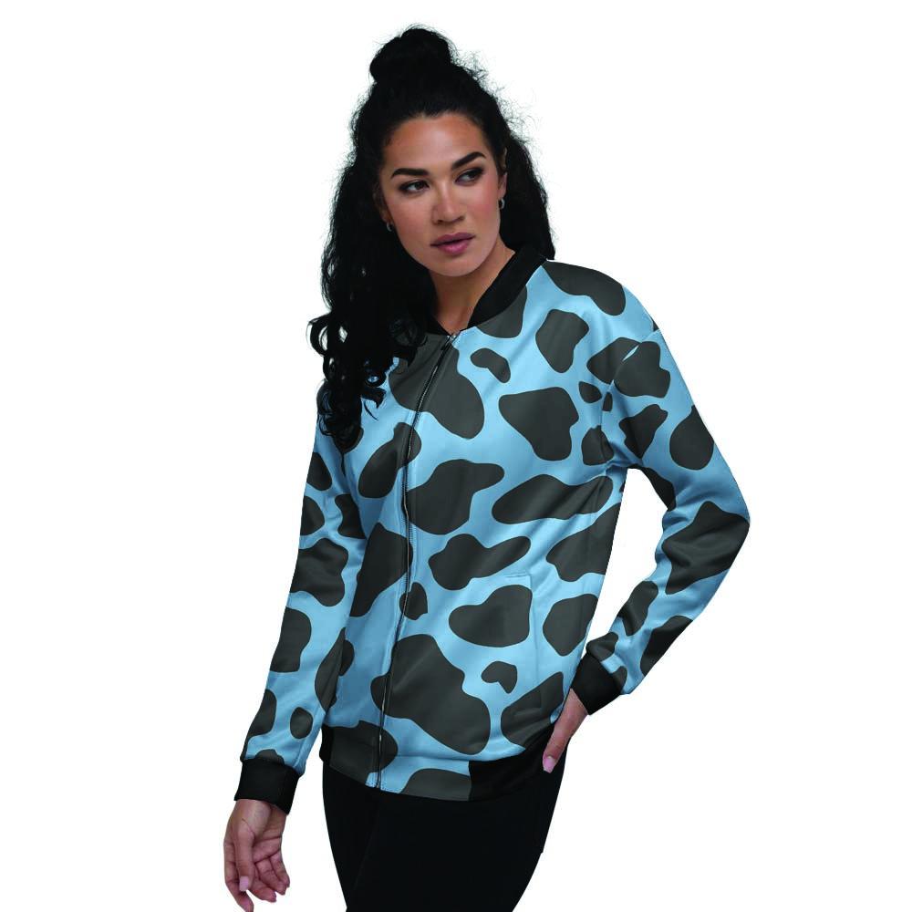 Black And Blue Cow Print Women's Bomber Jacket-grizzshop