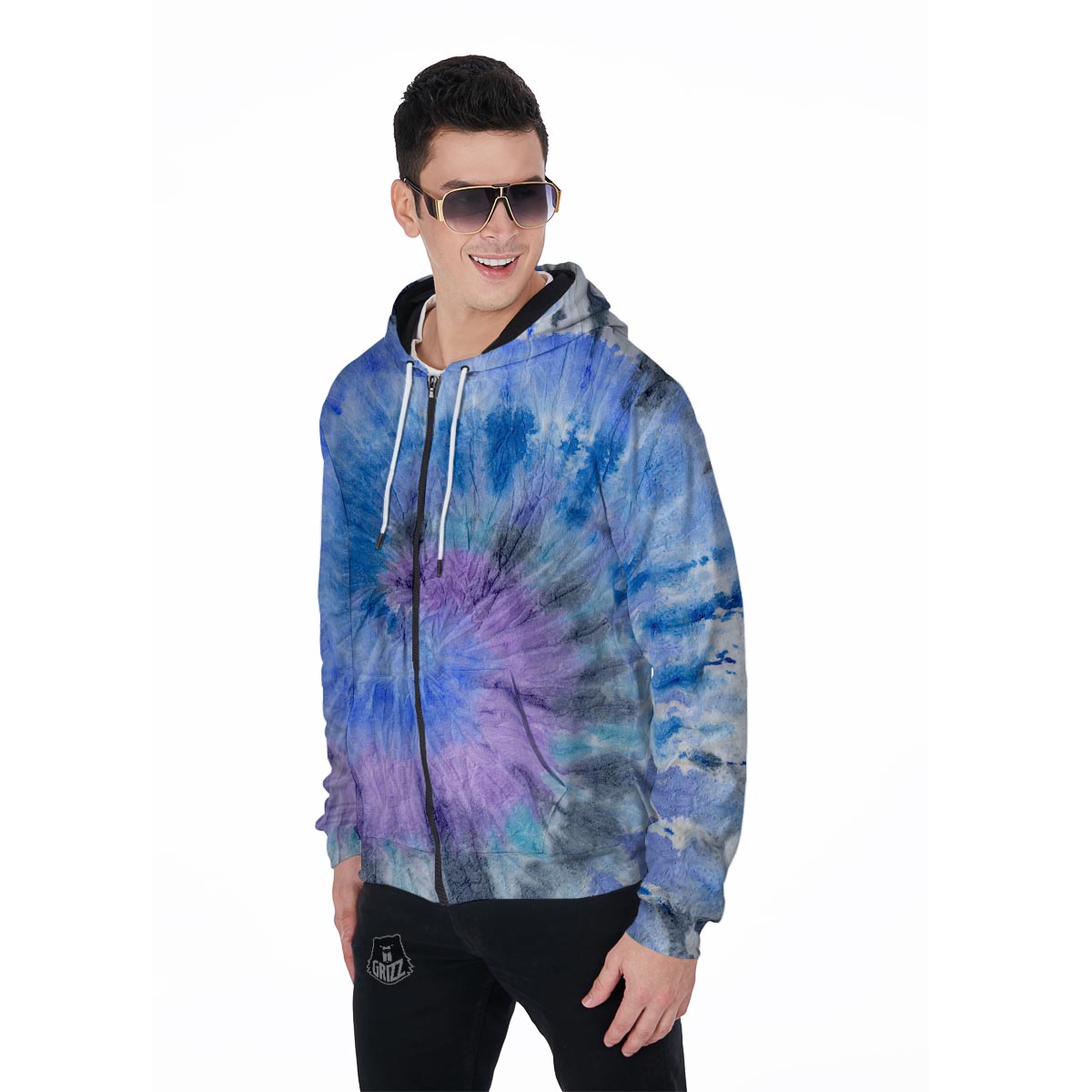 Black And Blue Tie Dye Men's Zip Up Hoodie-grizzshop