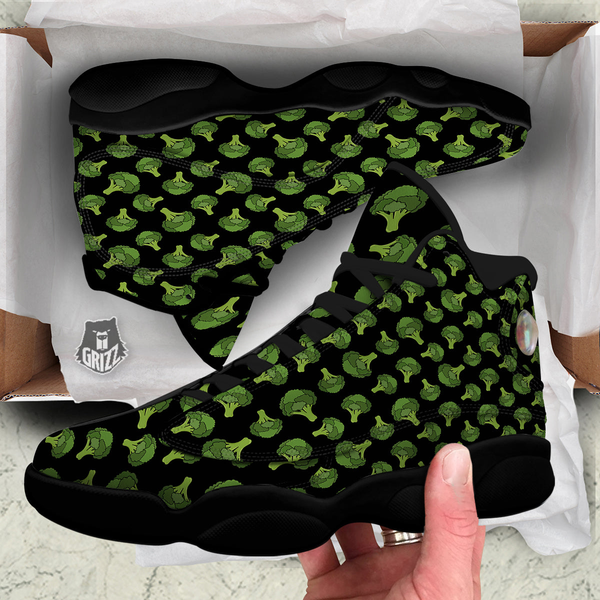 Black And Broccoli Print Pattern Black Basketball Shoes-grizzshop
