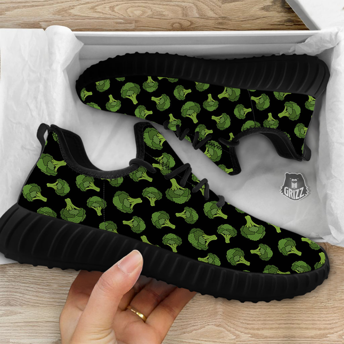 Black And Broccoli Print Pattern Black Walking Shoes-grizzshop