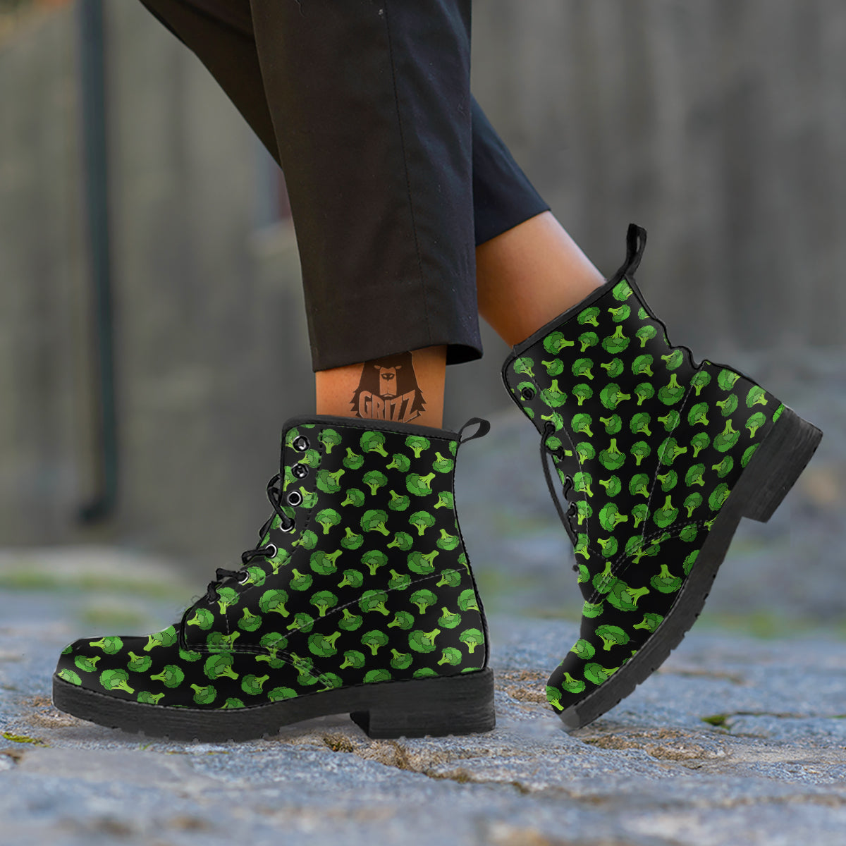 Black And Broccoli Print Pattern Leather Boots-grizzshop