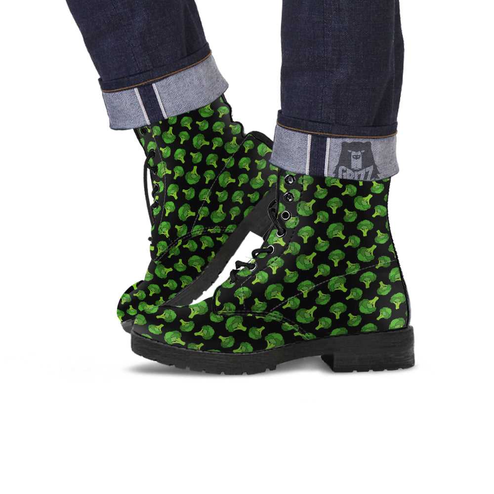 Black And Broccoli Print Pattern Leather Boots-grizzshop