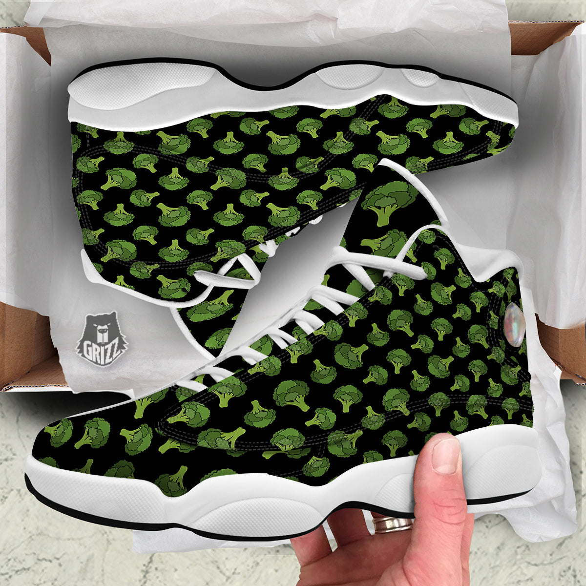 Black And Broccoli Print Pattern White Basketball Shoes-grizzshop