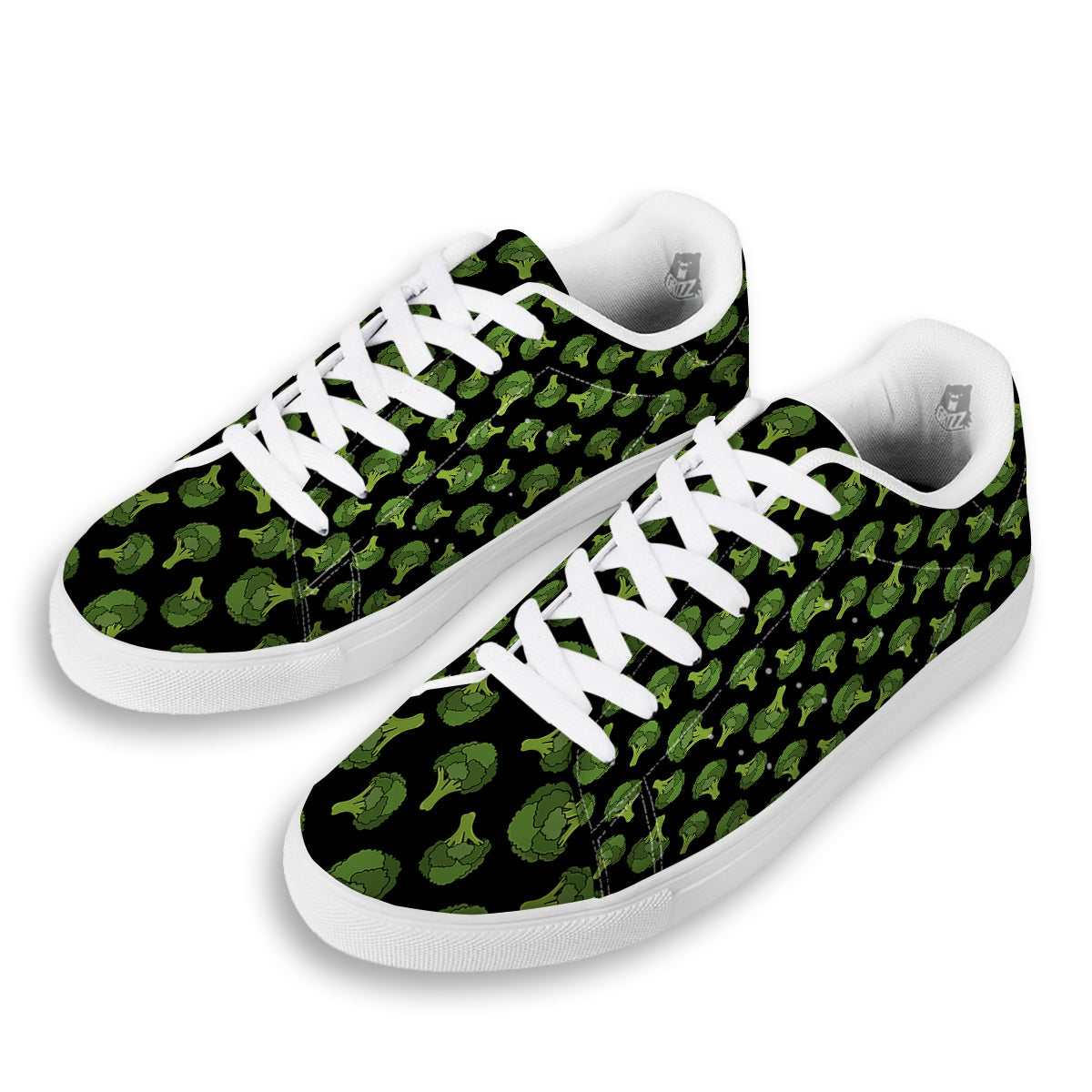 Black And Broccoli Print Pattern White Low Top Sneakers-grizzshop