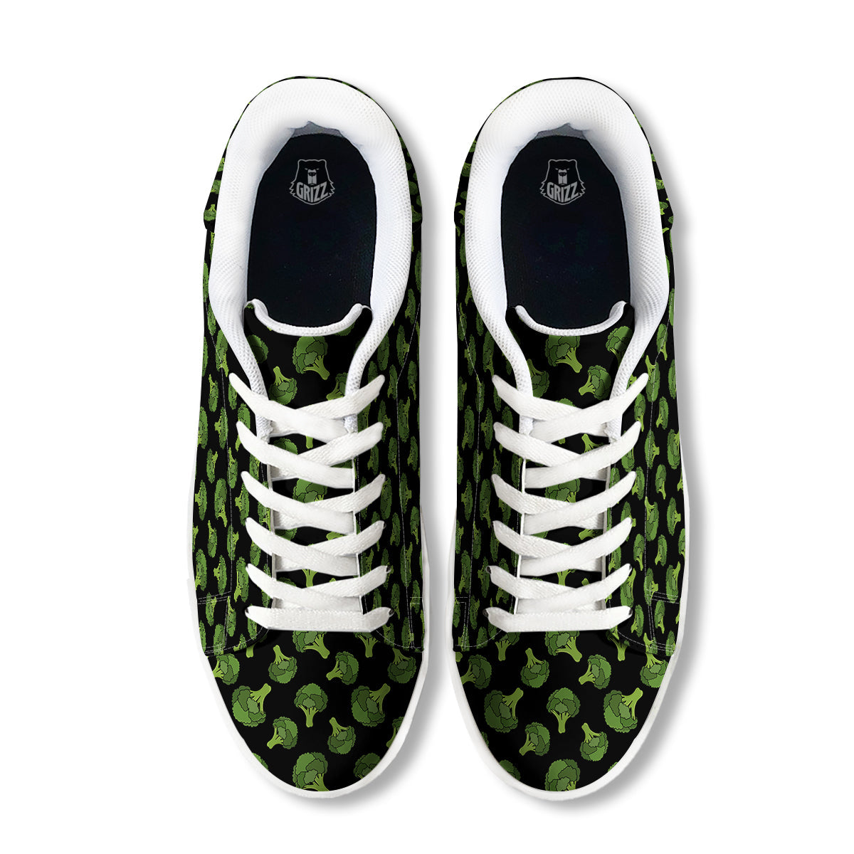 Black And Broccoli Print Pattern White Low Top Sneakers-grizzshop