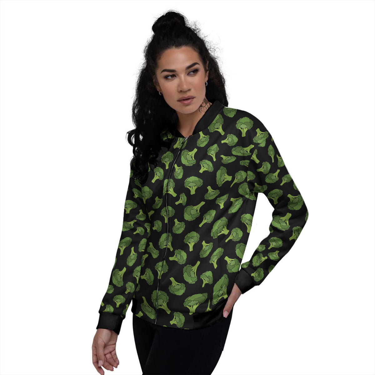 Black And Broccoli Print Pattern Women's Bomber Jacket-grizzshop