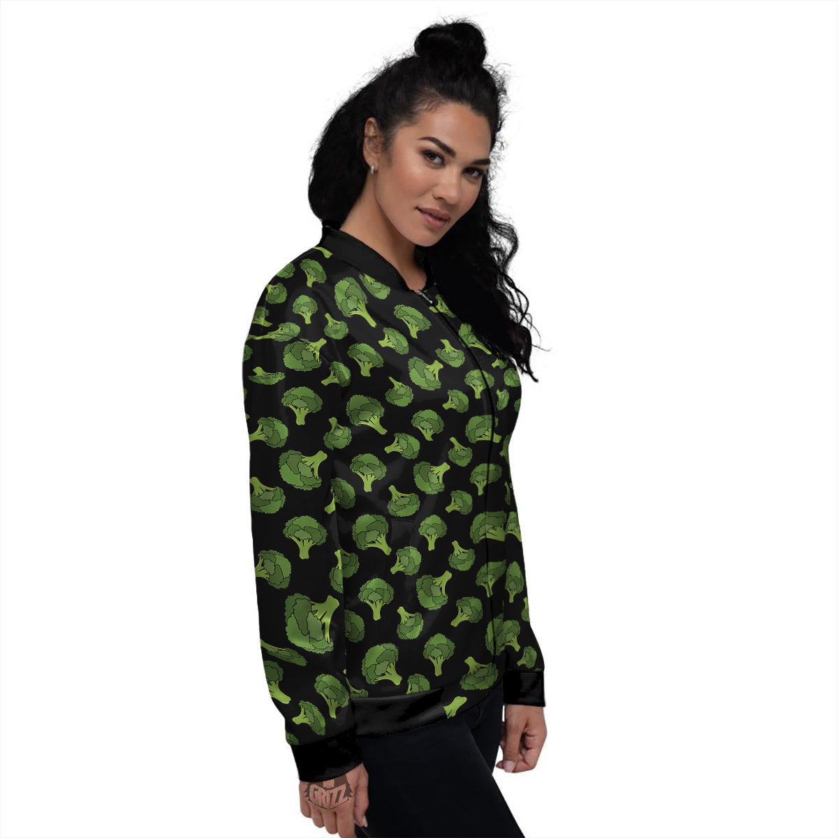 Black And Broccoli Print Pattern Women's Bomber Jacket-grizzshop