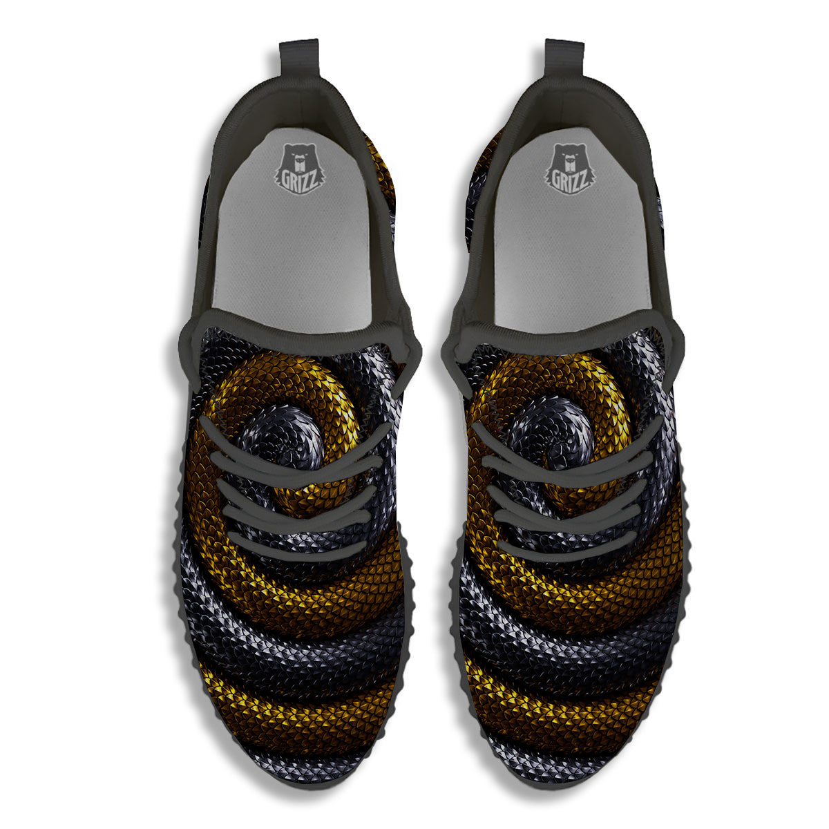 Black And Gold Twisted Snakes Print Black Walking Shoes-grizzshop
