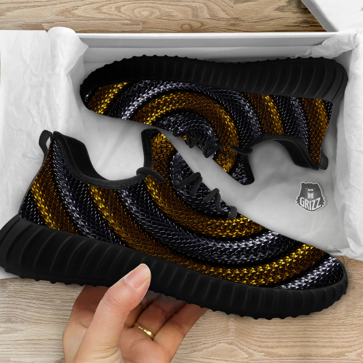 Black And Gold Twisted Snakes Print Black Walking Shoes-grizzshop