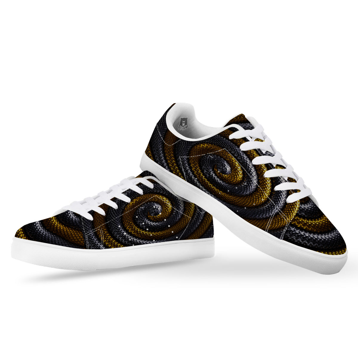 Black And Gold Twisted Snakes Print White Low Top Sneakers-grizzshop