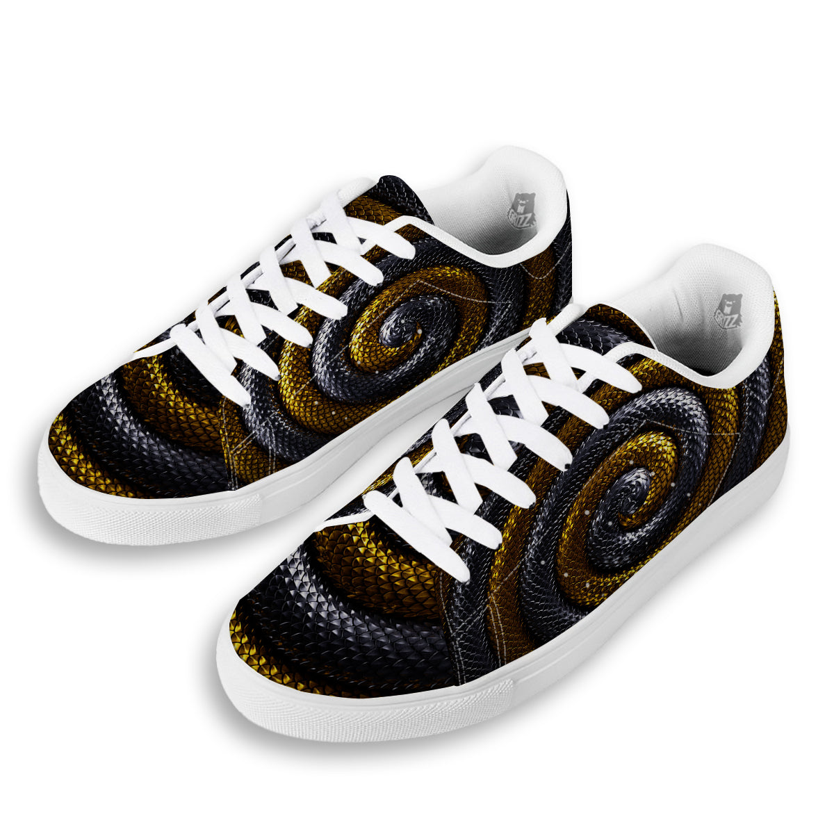 Black And Gold Twisted Snakes Print White Low Top Sneakers-grizzshop