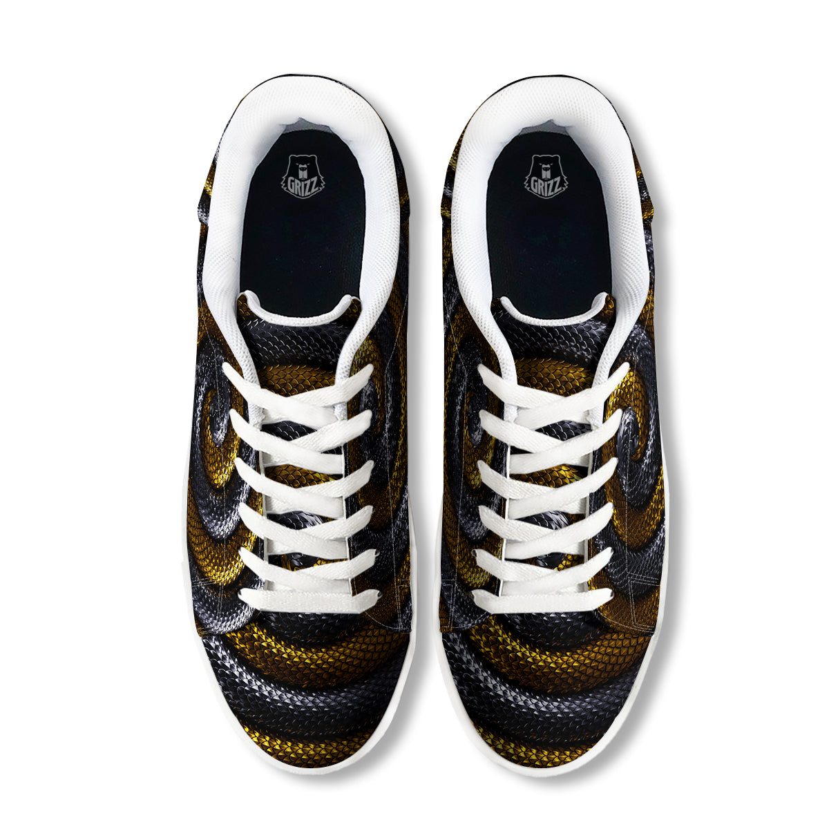Black And Gold Twisted Snakes Print White Low Top Sneakers-grizzshop