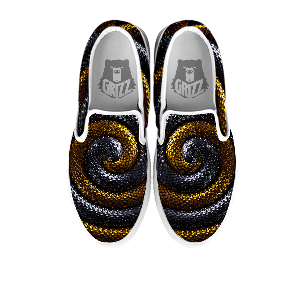 Black And Gold Twisted Snakes Print White Slip On Shoes-grizzshop