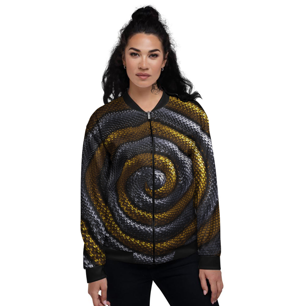 Black And Gold Twisted Snakes Print Women's Bomber Jacket-grizzshop