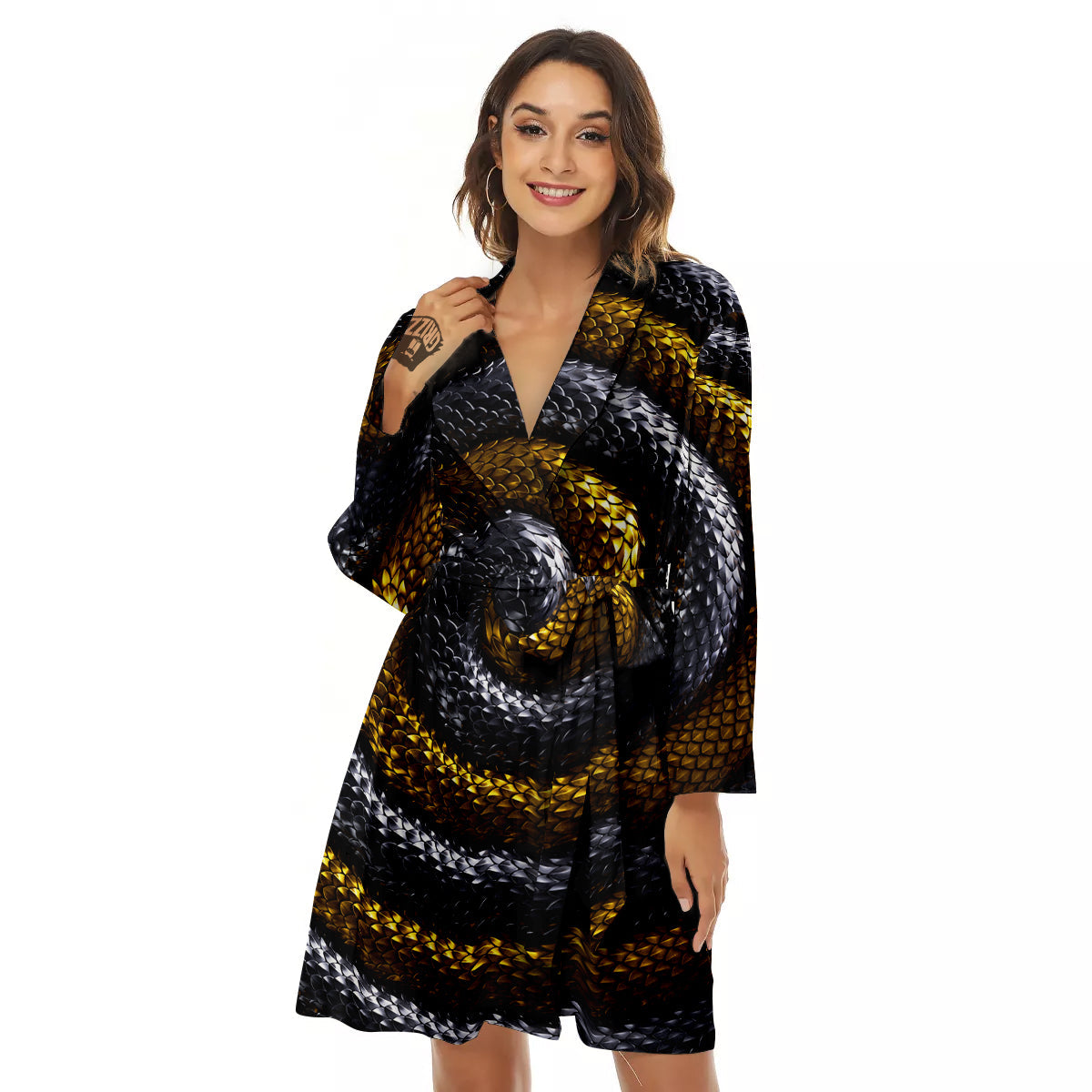 Black And Gold Twisted Snakes Print Women's Robe-grizzshop