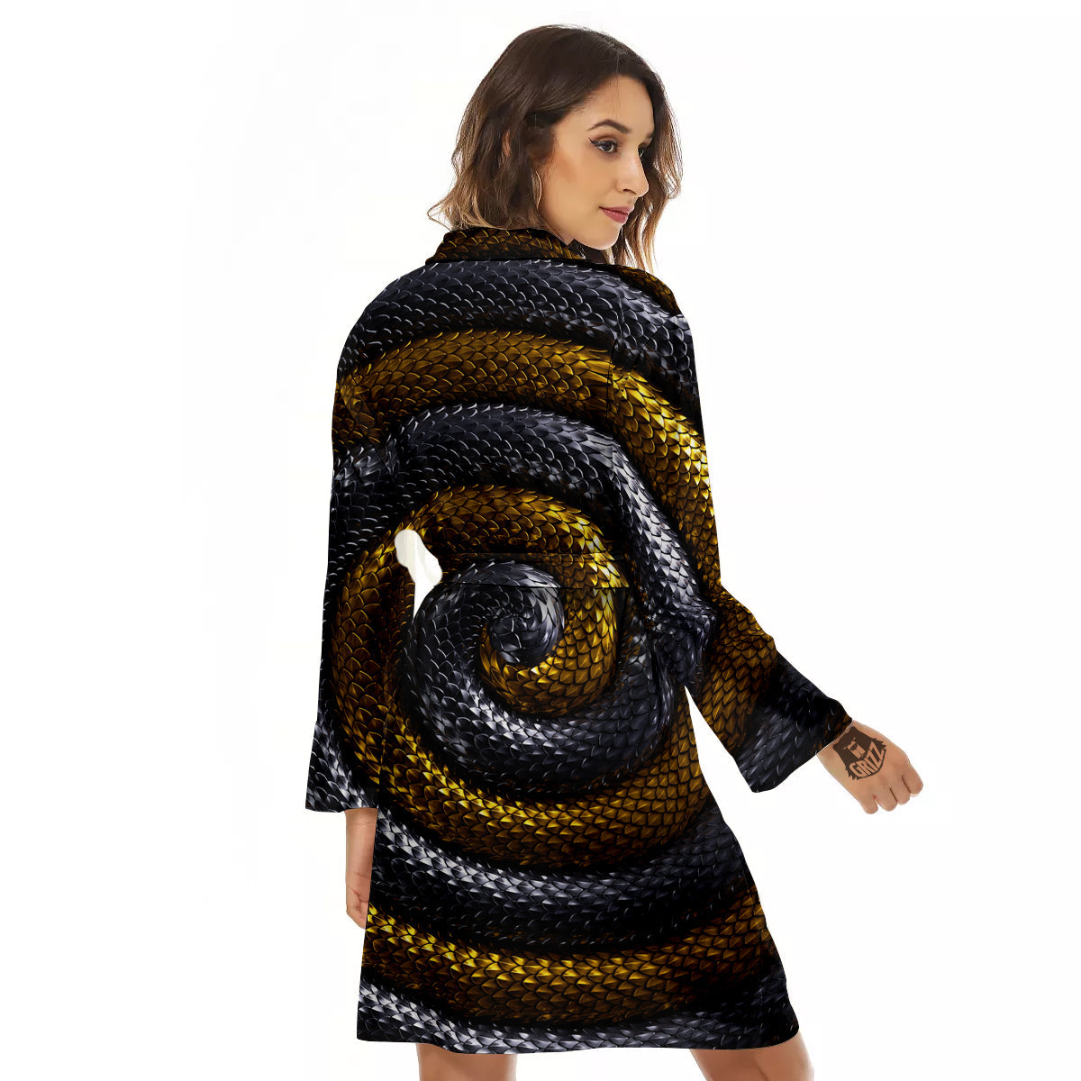 Black And Gold Twisted Snakes Print Women's Robe-grizzshop
