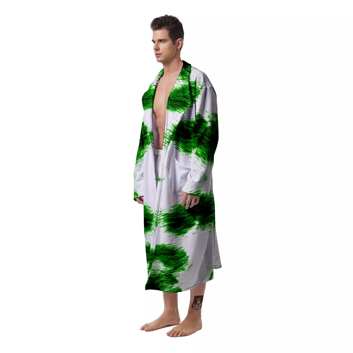 Black And Green Acid Wash Tie Dye Print Men's Robe-grizzshop
