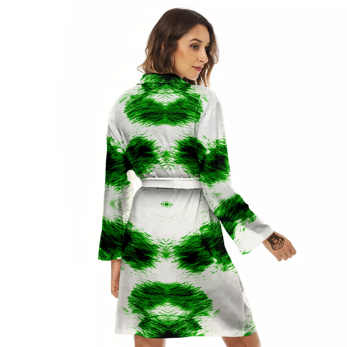 Black And Green Acid Wash Tie Dye Print Women's Robe-grizzshop